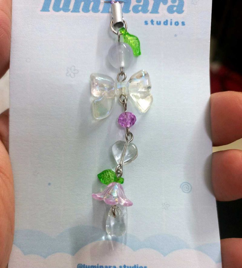 💜 Handmade Purple Clear Bow Phone Charm with Leaf