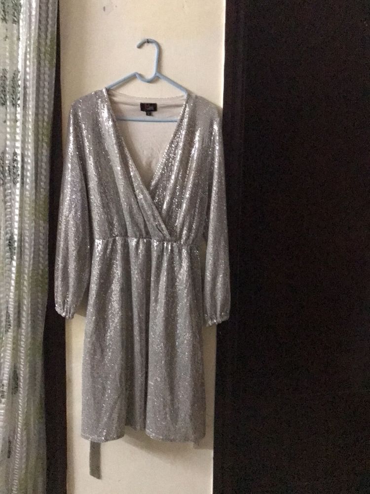 Stretchy Shiny Silver Dress Size M
