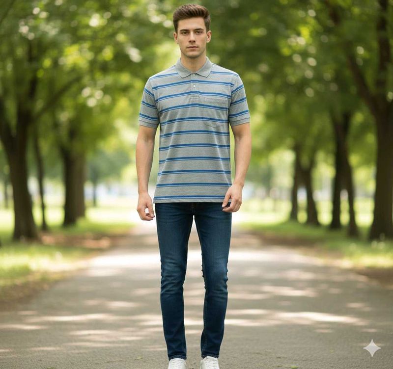 Striped Gray &amp; Blue Polo T-Shirt