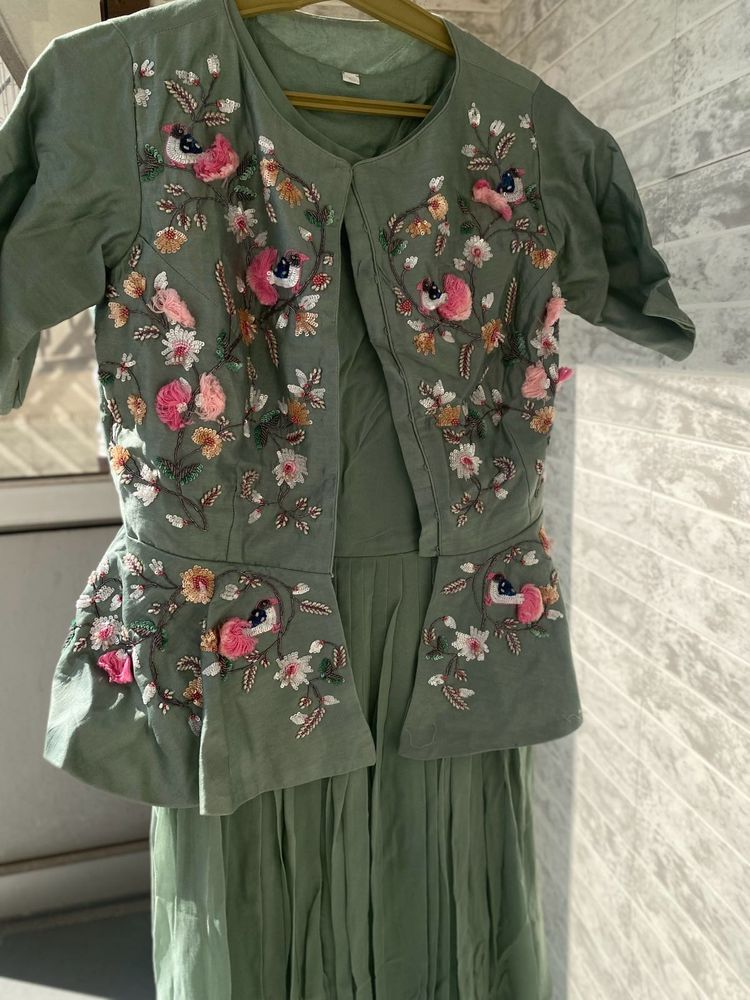 Silk Floral Jacket- Mehandi Green Gown Set