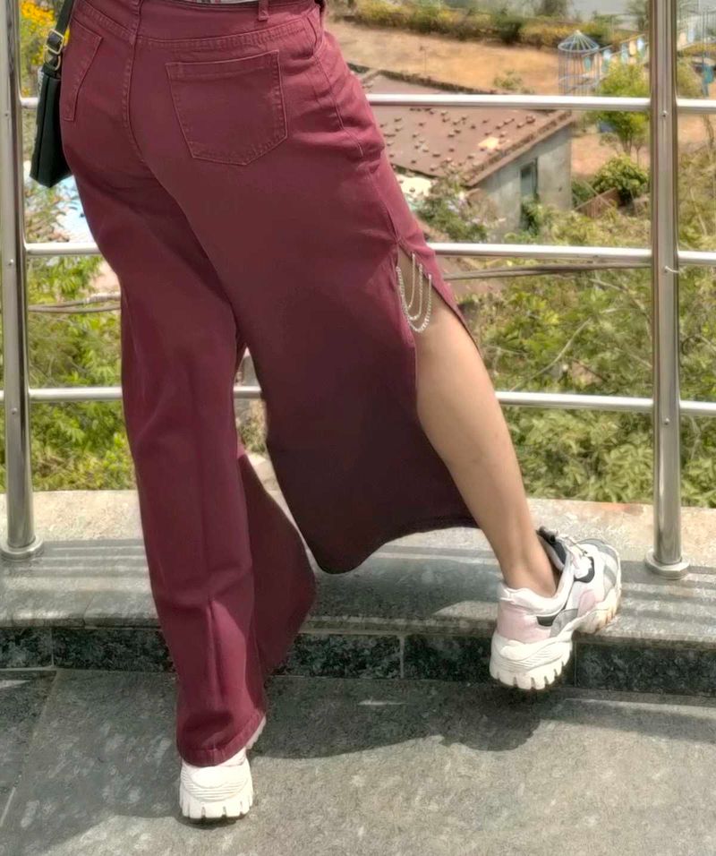 Maroon Wide Leg Slit Jeans