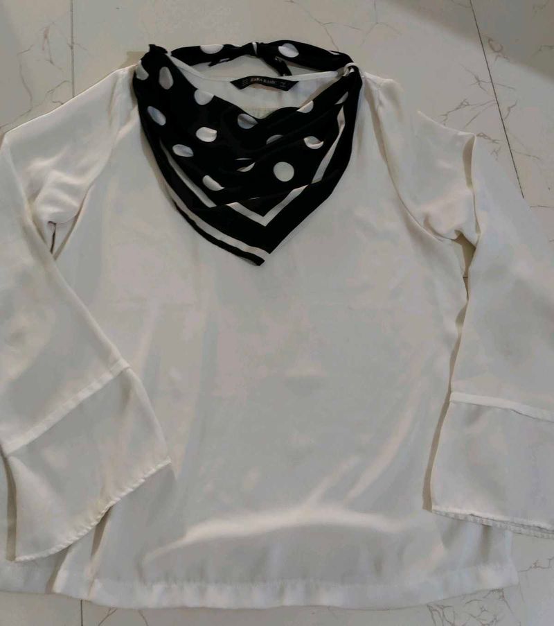 Zara White Top with Polka Dot Scarf