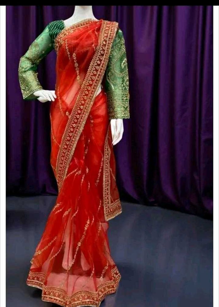 Elegant Red &amp; Gold Embroidered Saree