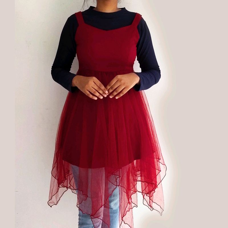 Maroon And Blue Net Dress / Top