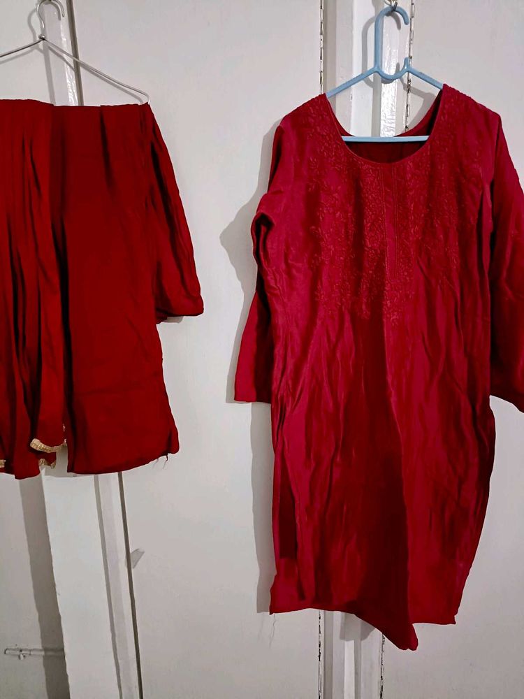 Embroidered Red Palazzo Suit Set