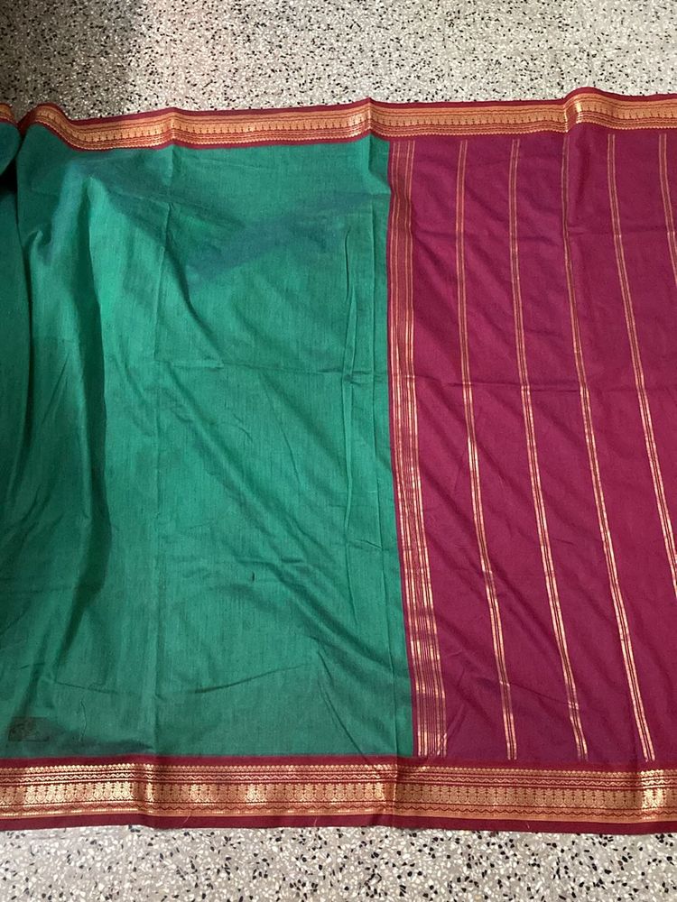 Good Green And Maroon Border Saree For Grabs