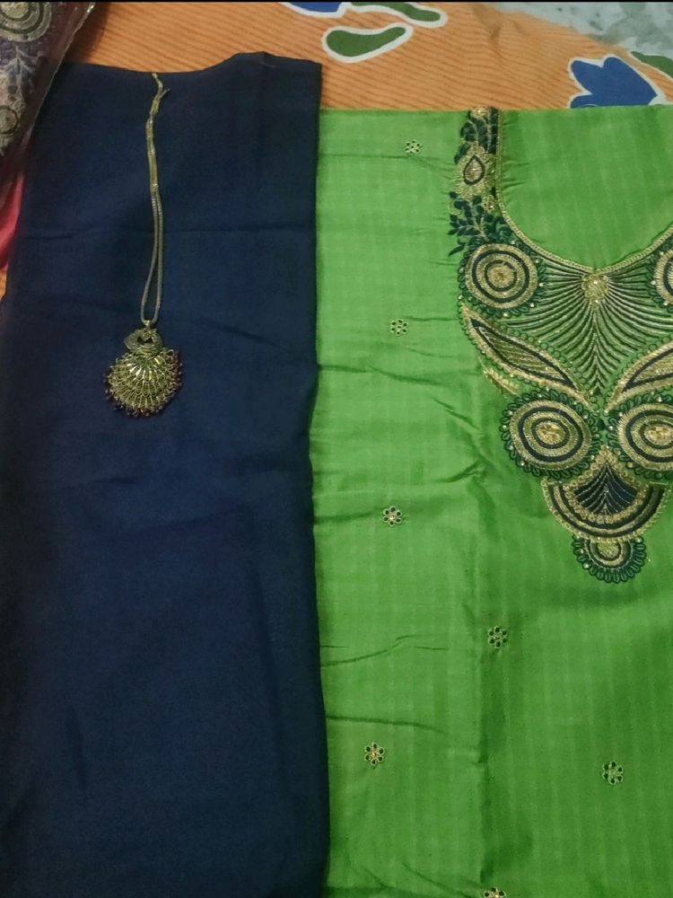 Green and Blue Embroidered Dress Material