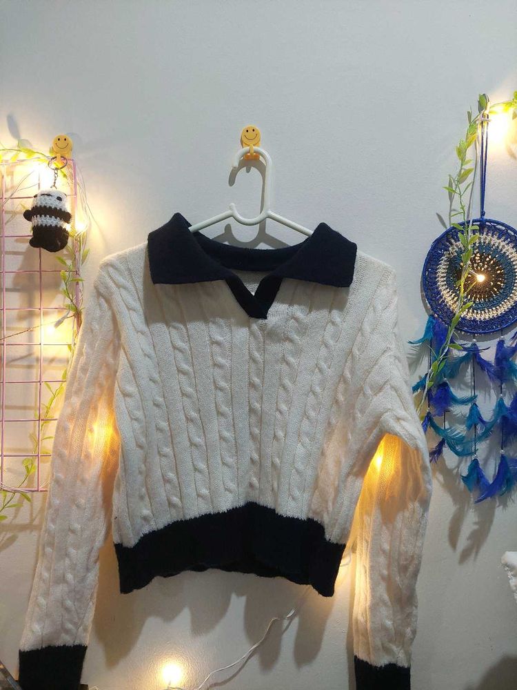 Cable Knit Crop Polo Sweater