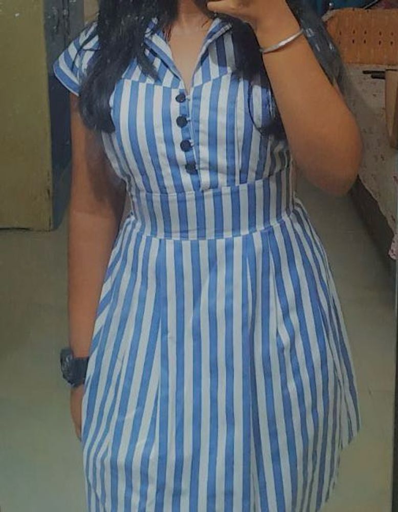 Stripped Printed Dress With Snatched Waist