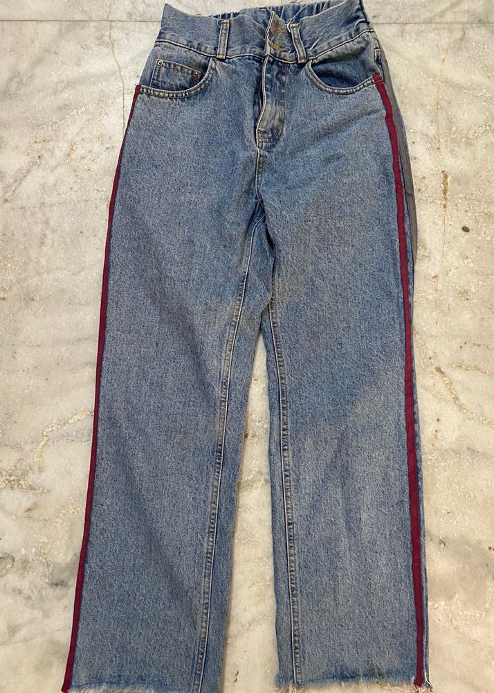 Light Blue High Waist Jeans With Strips