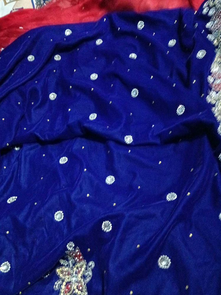 Red Navy Embroidered Sari