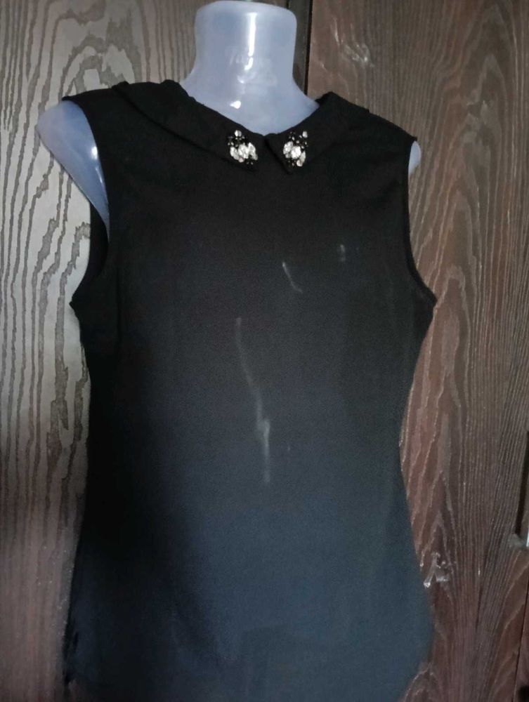 Black Sleeveless Top with Embellished Collar