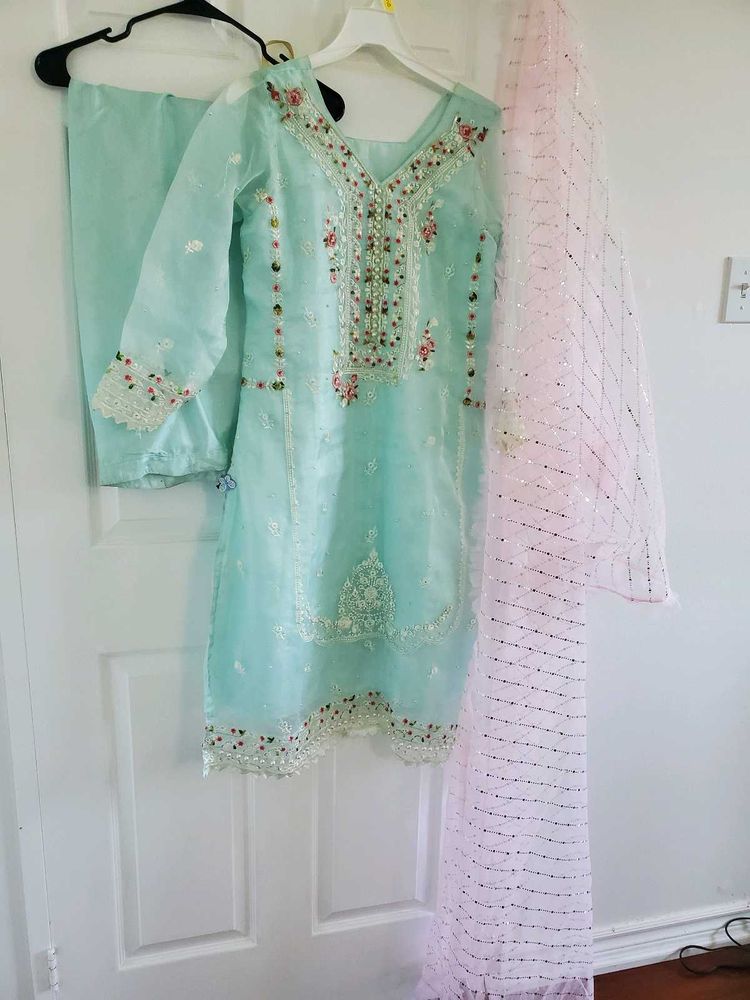Elegant Mint Green Embroidered Salwar Kameez