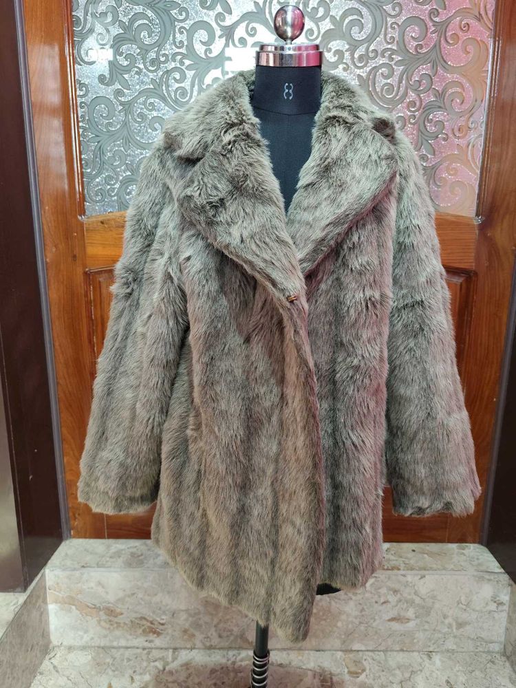 Faux Grey Mid-Length Fur Coat