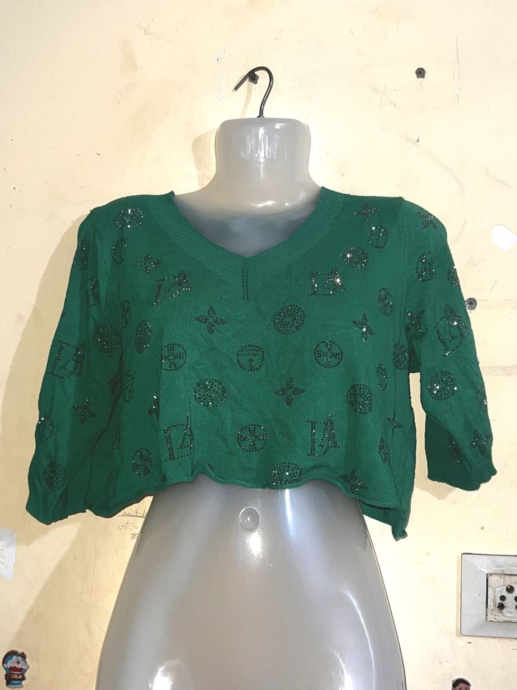 Embellished Green Crop Top