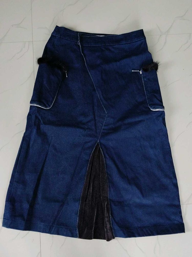 Unique Denim Skirt with Fur Pockets