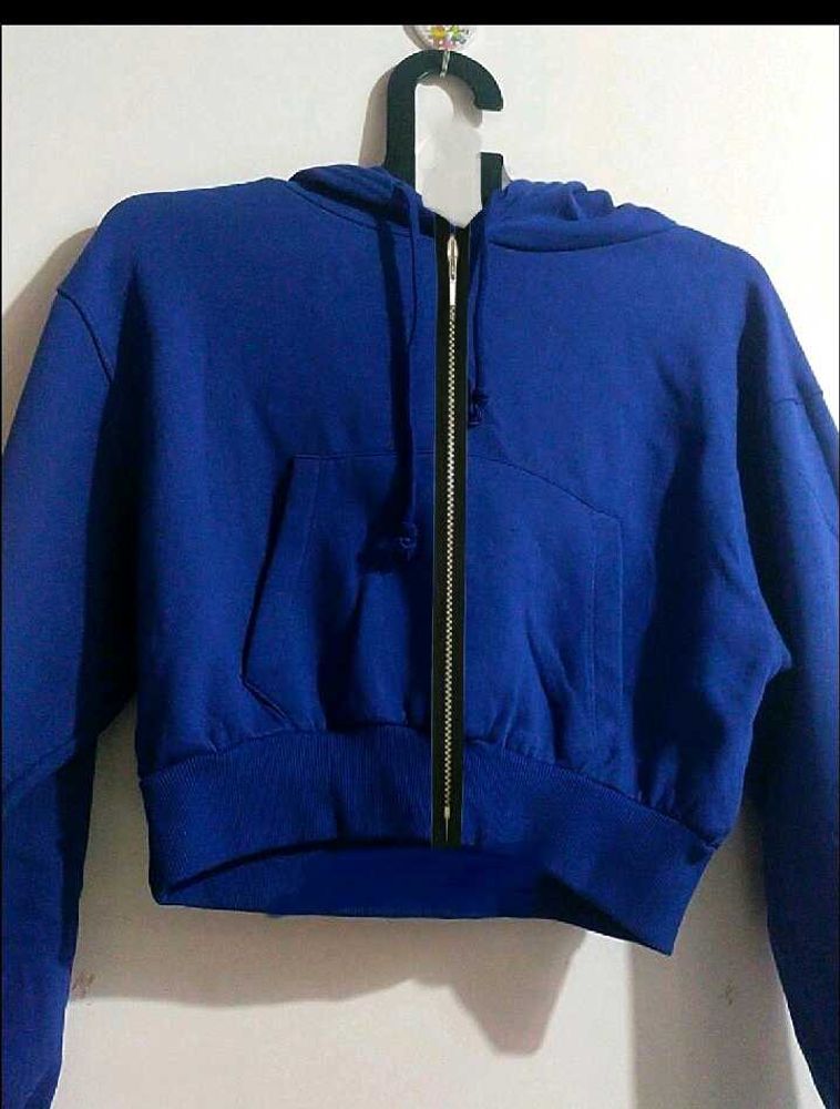Blue Cropped Zip-Up Hoodie