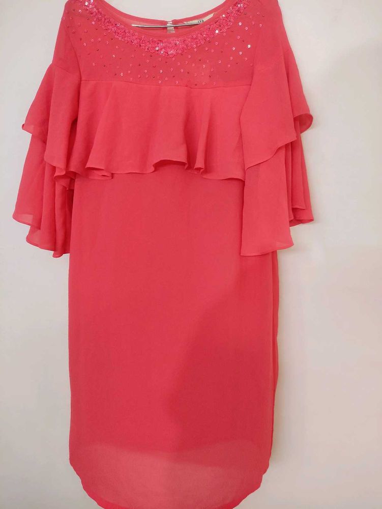 Pink Coloured A-line Dress With Sequence On Top.