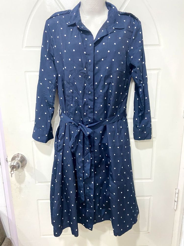 blue polka dot shirt dress