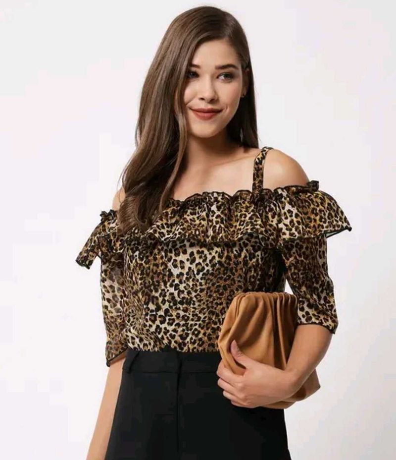 Leopard Print Ruffle Cold Shoulder Top