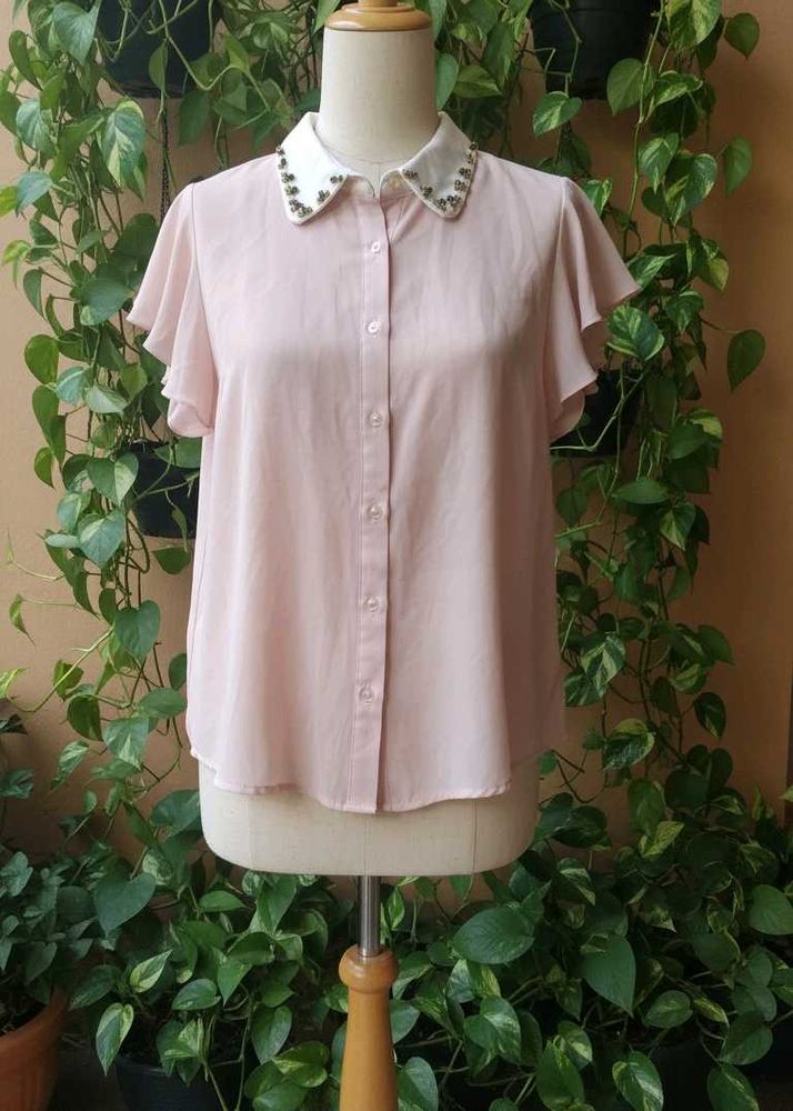 Pink Blouse w/ Embellished Collar