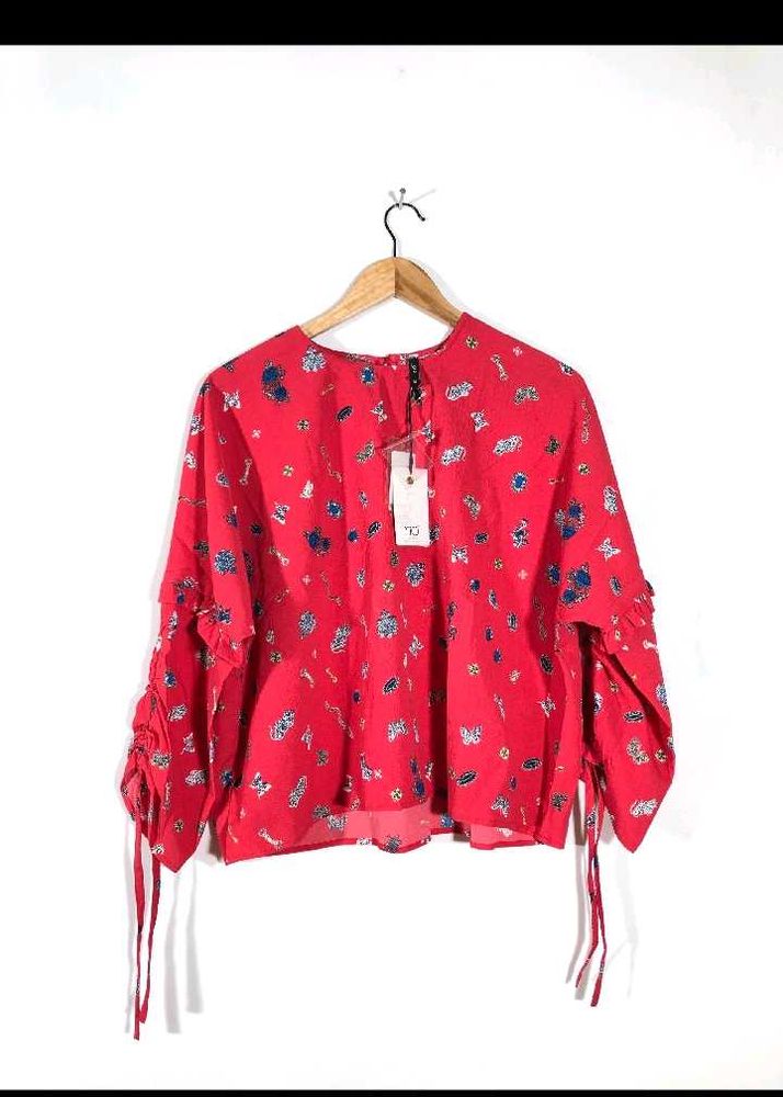 Red Floral Tie-Sleeve Blouse