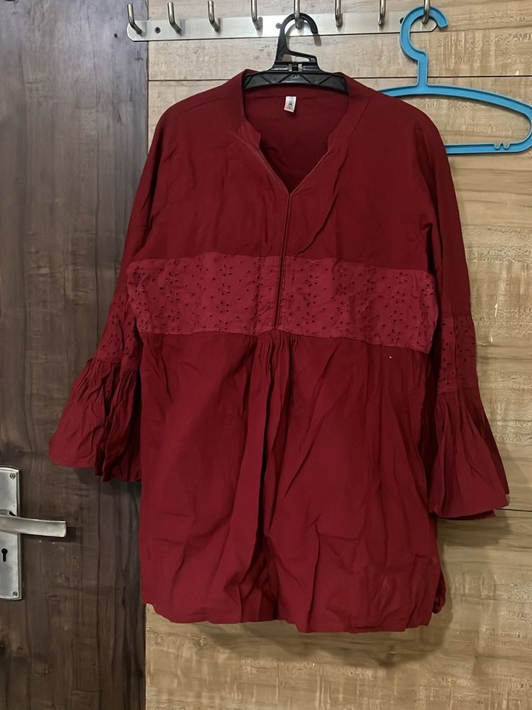 Maroon Cotton Top With Bell Sleeves
