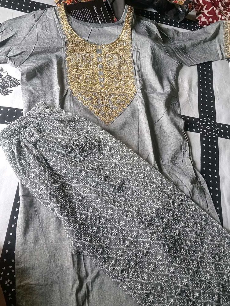 Elegant Grey Embroidered Kurta Set