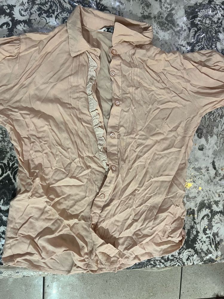 Peach Shirt With Ruffles On Sleeves And Front