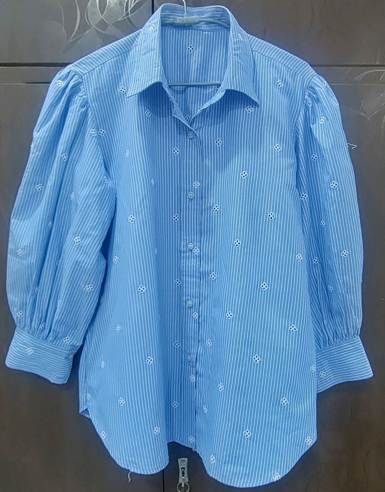 Embroidered Blue Shirt With Bishop Sleeves