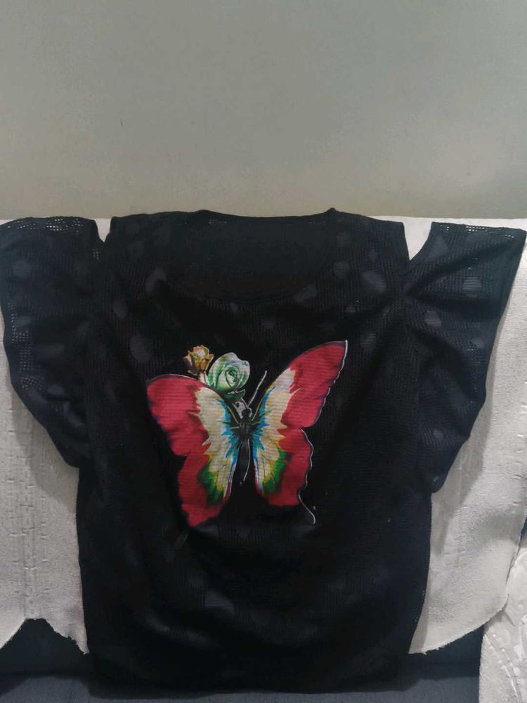 Butterfly Print Black Top