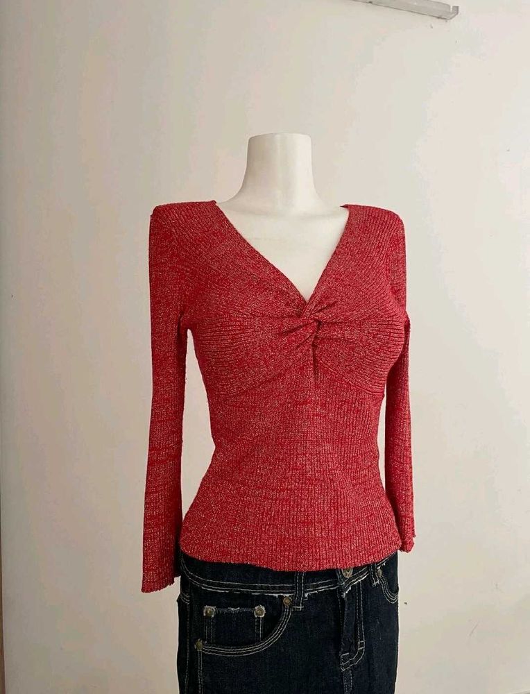 Red V-Neck Long Sleeve Top❤️