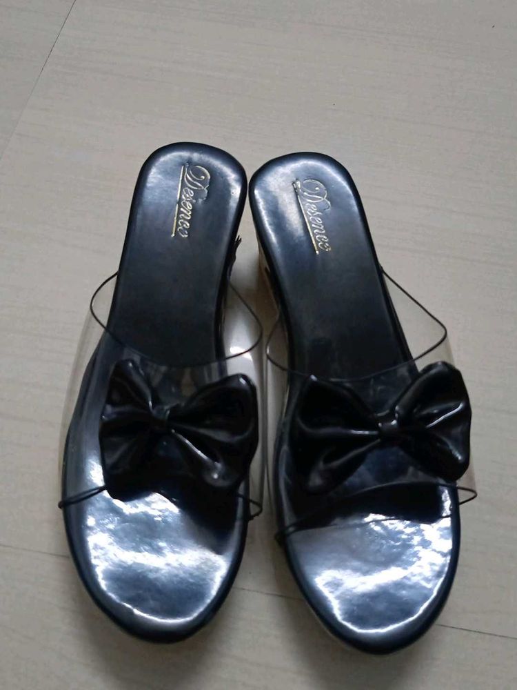 Desenes Black Bow Clear Slide Sandals
