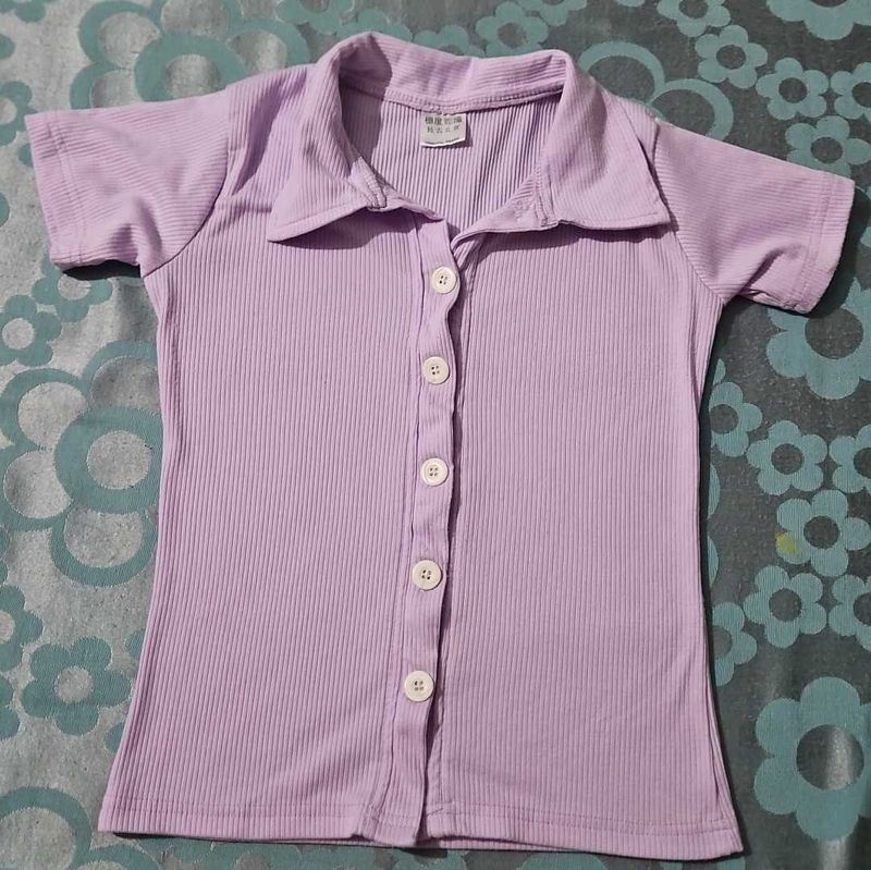 Lilac Ribbed Button-Up Top