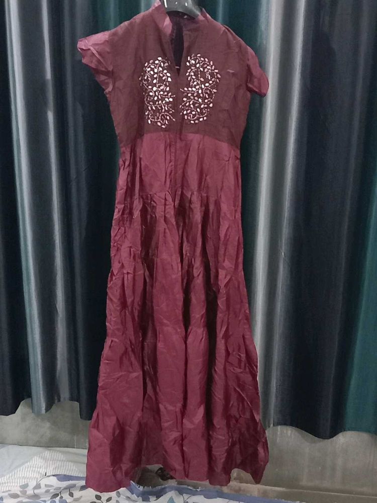 Maroon Maxi Dress with Embroidery