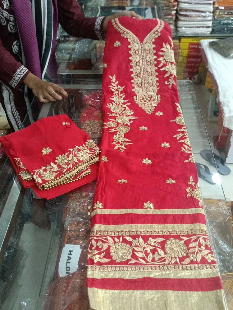 Red Embroidered Dress Material