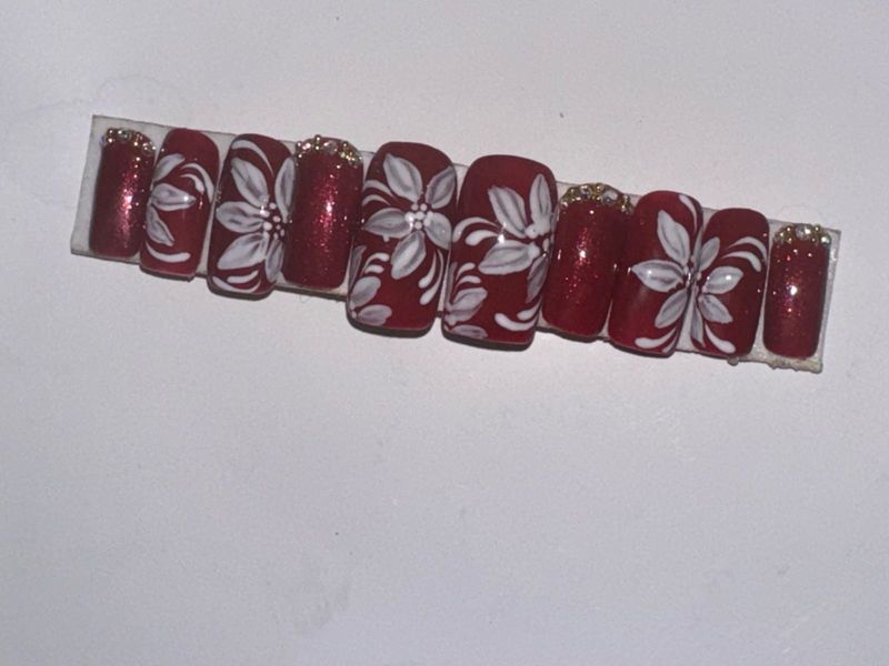 Red Floral Press-On Nails