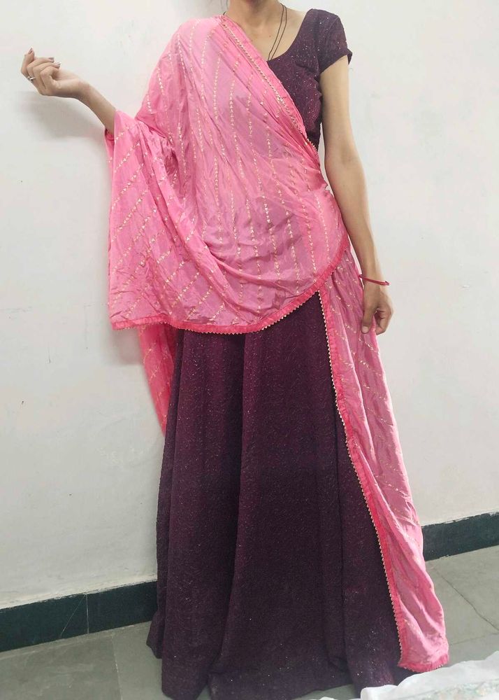 Elegant Wine Lehenga &amp; Pink Choli