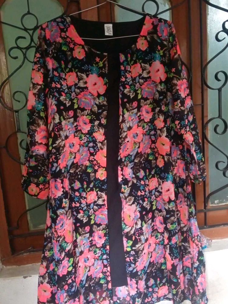 Floral Print Coat Type Black Dress