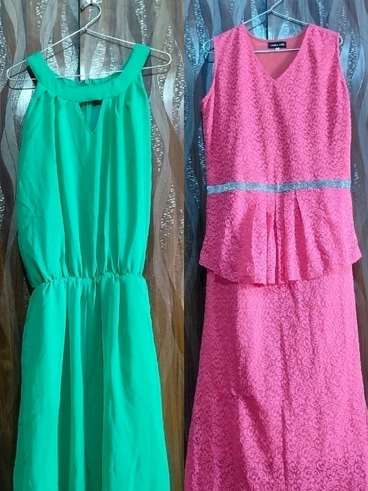 Green Jumpsuit + Pink Korean Dress