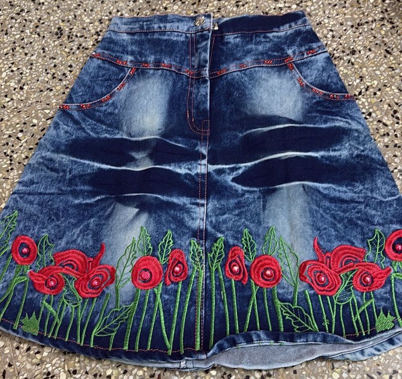 Denim Floral Skirt