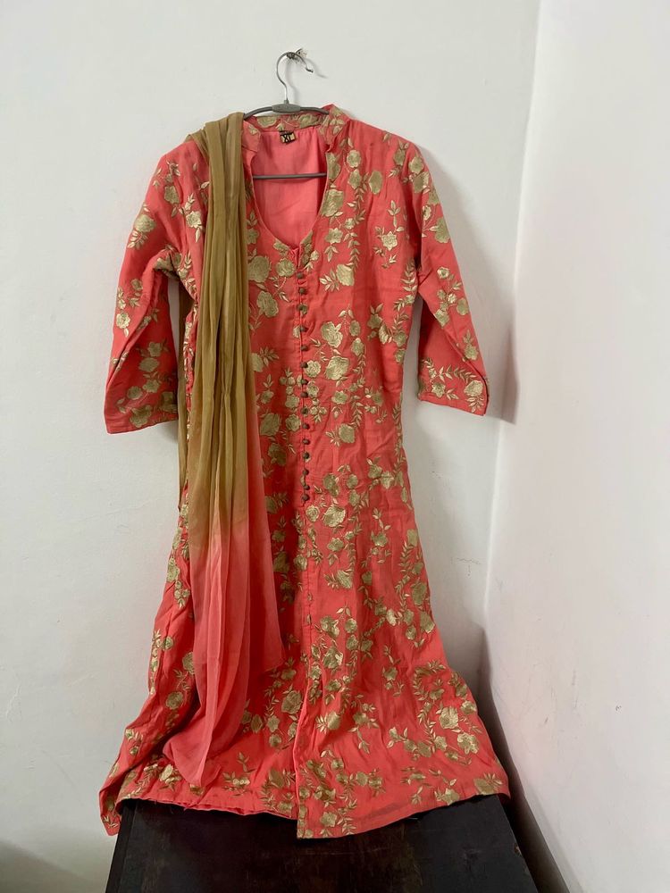 Festive Coral Gown With Ombre Duppata