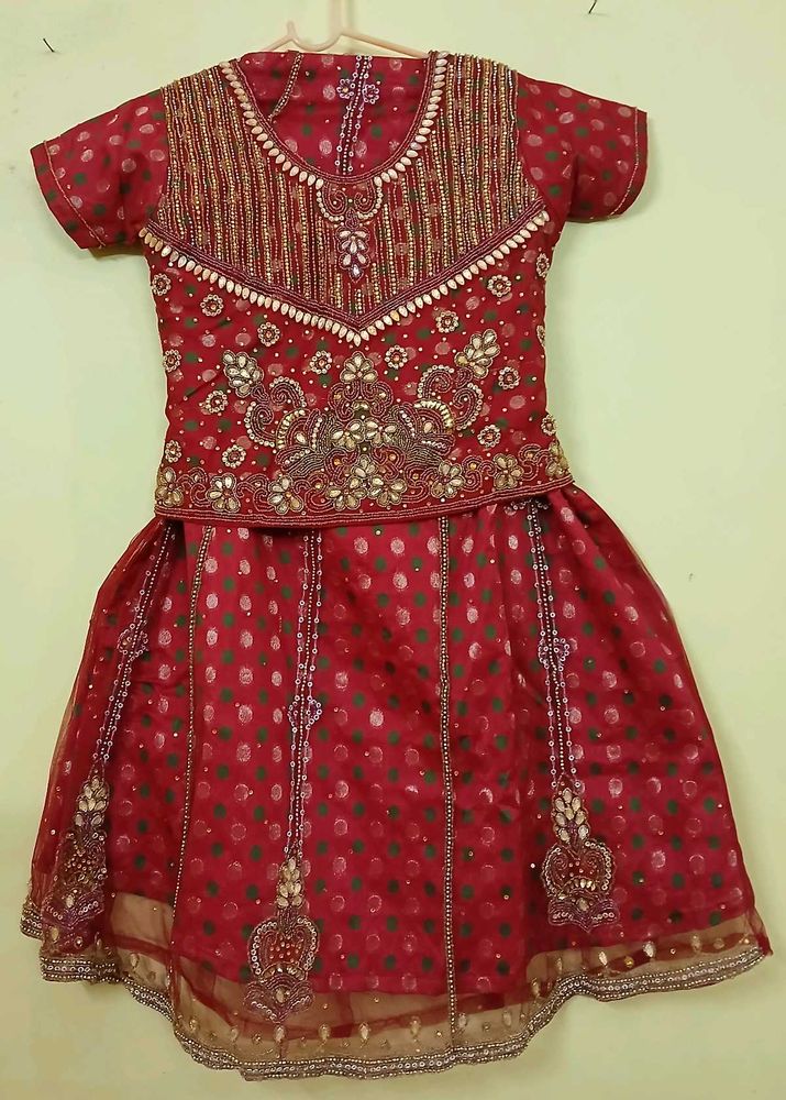 Girls' Red Embroidered Lehenga Choli