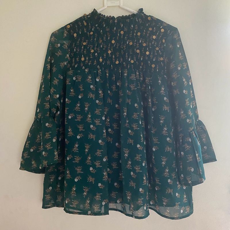 Boho Floral Smocked Peasant Top – Sheer Forest Gre