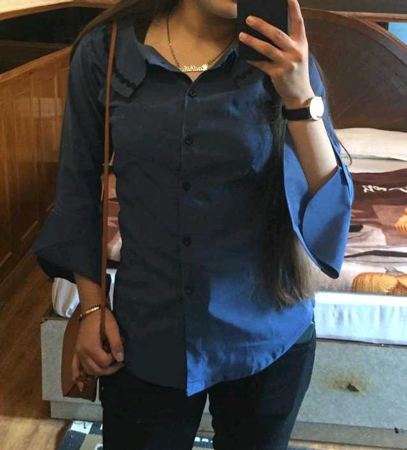 Elegant Blue Peter Pan Collar Synthetic Shirt