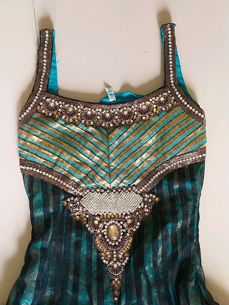 Designer Elegant Teal and Gold Embellished Dress