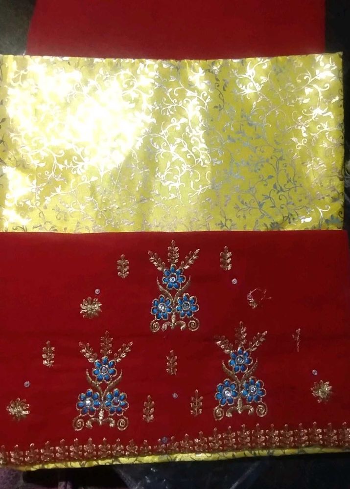 Red &amp; Gold Embroidered Dress Material rajput posha