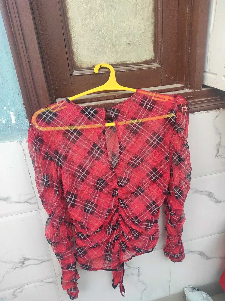 Red Plaid Sheer Top