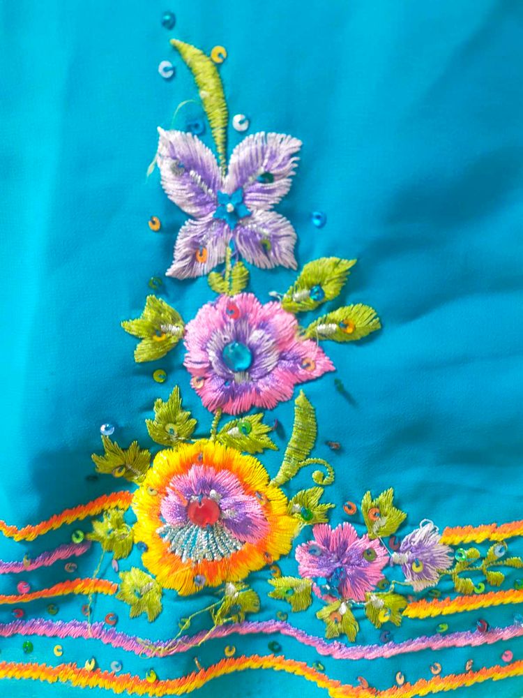 Cyan Blue Embroidered Saree+ Blouse