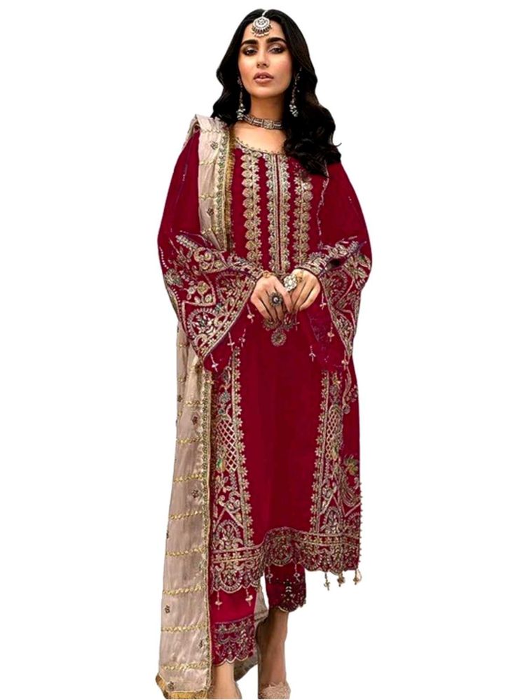 Semi Stitched Pakistani Maroon Embroidered